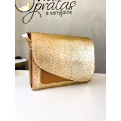 Bolsa Madeira Lateral Dourada Croco em Couro Legít... - Vila das Pratas e Semijoias 