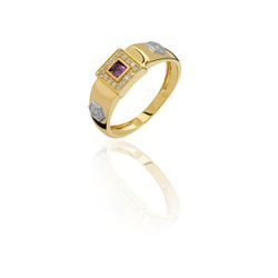 Anel de Formatura em Ouro 18k amarelo com Diamantes e Pedra Natural -... - VIU GOLD