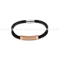 Pulseira design italiano de Couro duplo preto com placa em metal Plate... - VIU GOLD