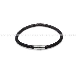 Pulseira design Italiano de Couro preto trançado e feicho em Aço - PL-... - VIU GOLD