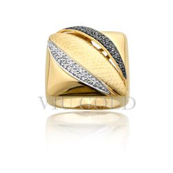 Anel quadrado em ouro 18k amarelo com Diamante branco e Diamante Negro... - VIU GOLD