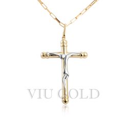 Pingente Cruz com Símbolo de Cristo em Ouro 18k Amarelo e Branco - P-0... - VIU GOLD