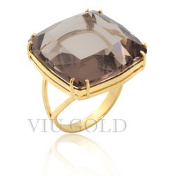 Anel em ouro 18k amarelo com Quartzo Fumê quadrado - AN-083 - VIU GOLD