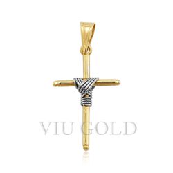 Pingente de Cruz em Ouro 18k Amarelo com Detalhe em Ouro Branco - P-04 - VIU GOLD