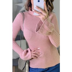 Blusa Feminina Rosa Manga Longa Tricot Canelado - ... - LOJA VOLARIUM