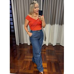 Calça Feminina Jeans Escuro Wideleg Pantalona Loop... - LOJA VOLARIUM
