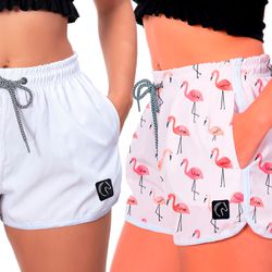 Kit 2 Shorts Feminino Branco e Flamingos Moda Prai... - W2 STORE