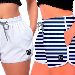 Kit 2 Shorts Feminino Branco e Listrado Azul Moda ... - W2 STORE