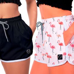 Kit 2 Shorts Feminino Preto e Flamingos Moda Praia... - W2 STORE