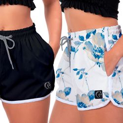 Kit 2 Shorts Feminino Preto e Flores Azuis Moda Pr... - W2 STORE