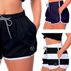 Kit 3 Shorts Feminino Preto Azul e Listras Preto M... - W2 STORE