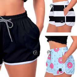 Kit 3 Shorts Feminino Preto Listras Preto e Rosqui... - W2 STORE