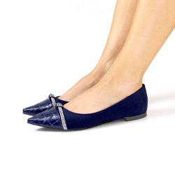 Sapatilha Feminina Estilo Nó Com Brilho Croco Navy... - Walk Easy