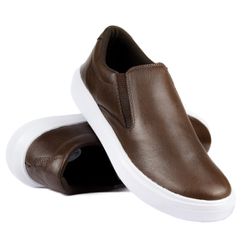 Tênis Slip On Couro Solado Flat Branco Casual Café... - Walk Easy