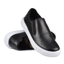 Tênis Slip On Couro Solado Flat Branco Casual Pret... - Walk Easy