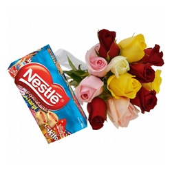 12 Rosas Coloridas + Chocolates - 12385 - Bellas Cestas Online Salvador