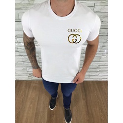Camiseta Gucci Branco Logo Ouro⭐ - CGUC04 - Dropa Já