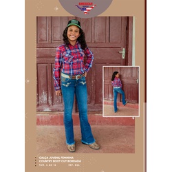 Calça Jeans Juvenil Feminina American Country Boots Cut Bordada 