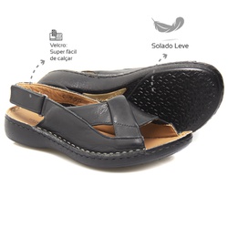 Sandália com Velcro Couro Preto Levecomfort - f10... - Levecomfort Calçados