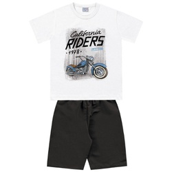 Conjunto Infantil de Menino Camiseta Branca Moto + Bermuda Tectel l 