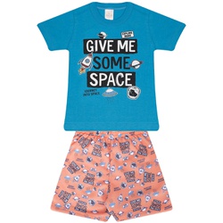 Conjunto Infantil Verão Menino Camiseta Azul Space e Bermuda Salmão