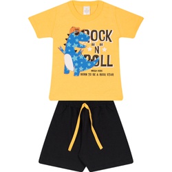Conjunto Infantil Camiseta Amarela Dinossauro Rockstar e Bermuda Moletinho Preta