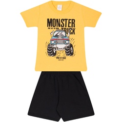 Conjunto Infantil Verão Menino Camiseta Amarela Monster Truck e Bermuda Preta