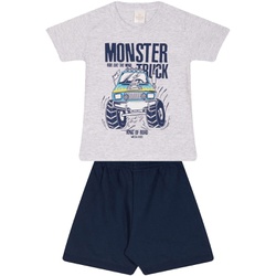 Conjunto Infantil Verão Menino Camiseta Cinza Monster Truck e Bermuda Marinho