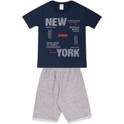 Conjunto Infantil Verão Menino Camiseta Marinho New York e Bermuda Cinza