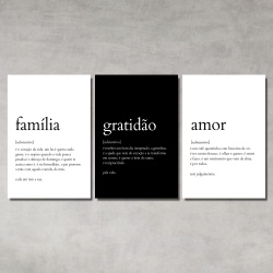 Kit 3 Quadros Decorativos Amor Gratidão Família - Q! Bacana