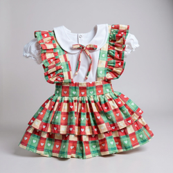 CONJUNTO JARDINEIRA SAIA DUPLA - XADREZ CORAÇÃO - Ateliê NewBaby