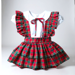 CONJUNTO JARDINEIRA SAIA DUPLA - XADREZ VERMELHO - Ateliê NewBaby