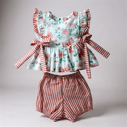 CONJUNTO MILA-LISTRA VERMELHA FLOR LAÇOS - Ateliê NewBaby