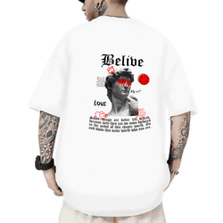 Camiseta Oversized Masculina Estatua Belive Branco... - CHIELLA