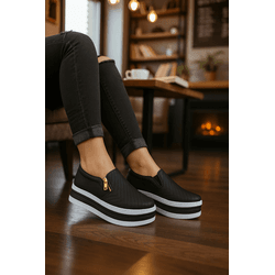 Slip On Feminino Ziper Lateral Couro legitimo Preto