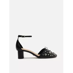 Scarpin Preto Couro Salto Bloco Aberto Tachas - Donna Lu