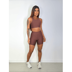 Conjunto Shorts Bolso Top Camiseta Marrom - ELLAS FIT