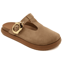 Clog Sabot Areia Camurça Rasteira Fivela Flor da P... - Flor da Pele Calçados Femininos