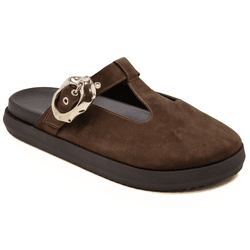 Clog Sabot Marrom Camurça Rasteira Fivela Flor da ... - Flor da Pele Calçados Femininos
