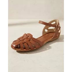 Sandália Rasteira em Couro Conhaque - Flor de Couro | Sandálias e Botas Femininas