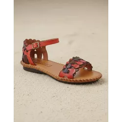 Sandália Rasteira em Couro Café Vermelho - Flor de Couro | Sandálias e Botas Femininas