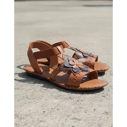 Sandália Rasteira em Couro Whisky Laranja Azul - Flor de Couro | Sandálias e Botas Femininas