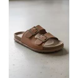 Sandália Papete Birken em Couro Whisky - Flor de Couro | Sandálias e Botas Femininas