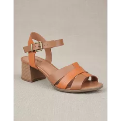 Sandália de Salto em Couro Whisky Laranja - Flor de Couro | Sandálias e Botas Femininas