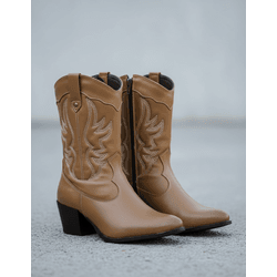 Bota Feminina Western Couro Legítimo Avelã Salto Bloco Texana 8805 - Flor de Couro | Sandálias e Botas Femininas