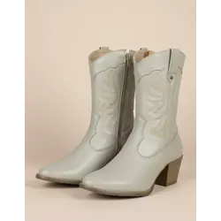 Bota Feminina Western Couro Legítimo Off-White Salto Bloco Texana 8805 - Flor de Couro | Sandálias e Botas Femininas
