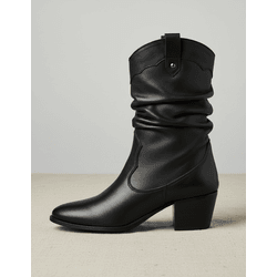 Bota Feminina Western Couro Legítimo Preto Salto Bloco Texana 8806 - Flor de Couro | Sandálias e Botas Femininas