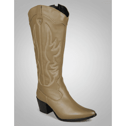 Bota Longa Feminina Western Couro Legítimo Avelã Salto Bloco Texana 8810 - Flor de Couro | Sandálias e Botas Femininas