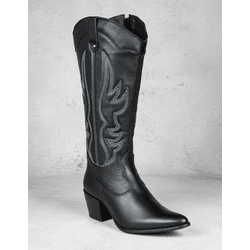 Bota Longa Feminina Western Couro Legítimo Preto Salto Bloco Texana 8810 - Flor de Couro | Sandálias e Botas Femininas