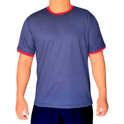 Camiseta Unissex Azul Marinho com Detalhes em Verm... - JR Confeções